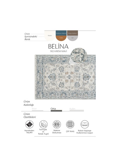 Cool Halı Belina Mavi Krem Salon Halısı Etnik Desen Eskitme Yumuşak Bukle Dokuma Oturma Odası Halısı