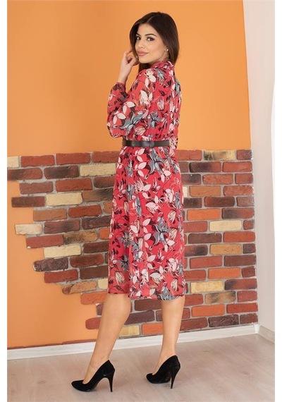 Dip Moda Kadın Gömlek Yaka Kemerli Çiçekli Şifon Elbise Dpry0031 Bordo