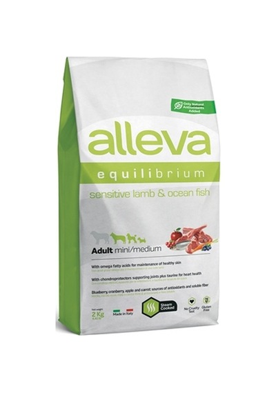 Alleva Sensitive Düşük Tahıllı Kuzulu ve Balıklı Mini Medium Irk Yetişkin Köpek Maması 2 KG