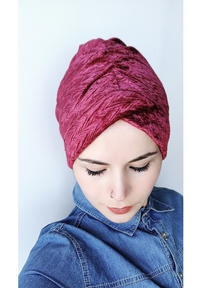 Kadın Tesettür Kadife Fiyonklu Bone Bordo