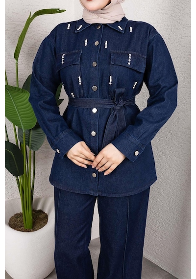 Misskayle Taş Detaylı Kuşaklı Denim Tesettür Takım Koyu Mavi Koyu