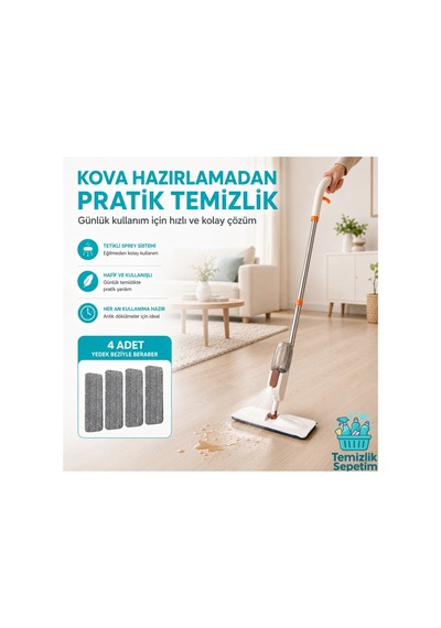 Spreyli Mop Seti +4 Yedek Mop, Portatif Cırt Cırtlı Mikrofiber Bezli
