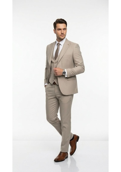 Erkek Slim Fit Takım Elbise Yelekli Modern Kesim Likralı Esnek Kumaş Kırışmaz Şık Düğün Davet Takımı Bej
