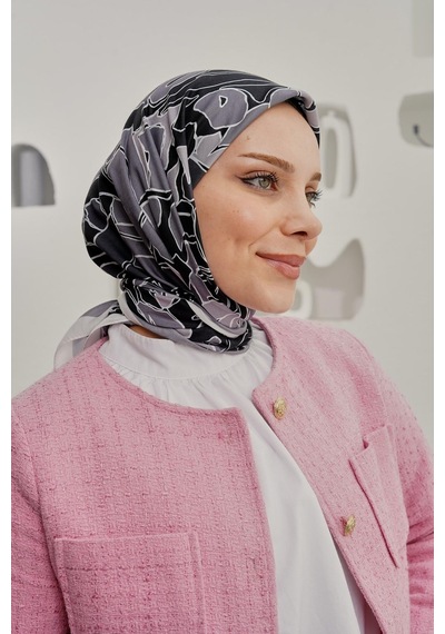 Afvente Yaprak Desen Gri Soft Pamuk Eşarp