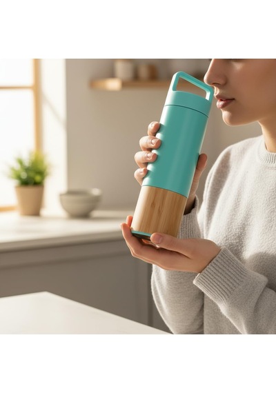 600 Ml Bambu Tabanlı Kulplu Çelik Termos Mug - 5 Renk Seçenekli Sıcak/soğuk Tutucu Seyahat Bardağı Turkuaz Diğer