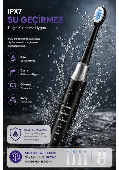 Ahm Elektrikli Diş Fırçası 15000 Vpm 5 Modlu Ipx7 Su Geçirmez Şarjlı Sonic Diş Fırçası 500mah 4 Yedek Başlıklı