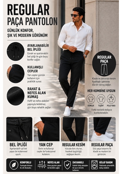 Luxıc Core Erkek Pamuklu Bağcıklı Pantolon Rahat Kalıp Günlük Casual Yazlık 2026 Yaz Koleksiyonu Siyah