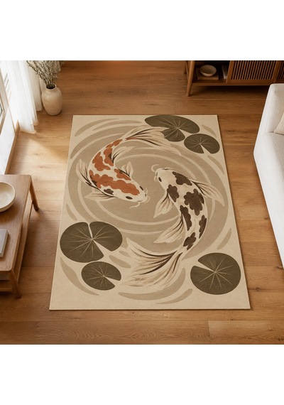 Kartela Halı Koi Balığı Desenli Halı Bej Kaymaz Taban Makinede Yıkanabilir Salon Halısı 120x180 Cm