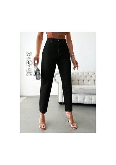 Kene Jeans Yüksek Bel Siyah Keten Mom Pantolon Siyah