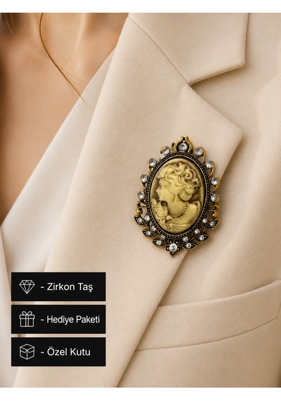 Vintage Zarafet Kadın Silüetli Taş İşlemeli Antik Gold Broş Hediye Açık Gri