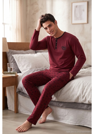 Buratti Desenli Pamuklu Düğmeli Bisiklet Yaka Pijama Takımı Erkek Pijama Takımı 6575002 Bordo