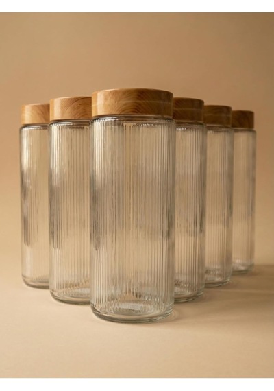 6'li Set Ahşap Desen Kapaklı Cam Saklama Kabı 1350 Ml - Açık Kahve