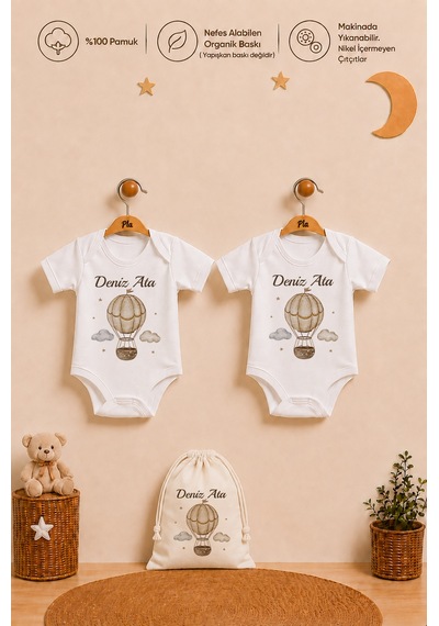 Pia Baby İsme Özel Erkek Bebek Hediyesi 2'li %100 Pamuk Organik Baskılı Çıtçıtlı Body Zıbın Ve Ham Bez Kıyafet Kesesi 1041b2k3x Krem