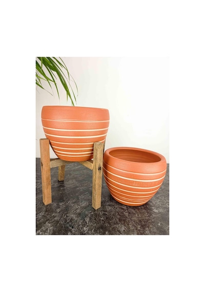 Bitki Tasarımı Doğal Beyaz Yan Çizgi Desen Terrakota Toprak Saksı İkili Set 4 Ayaklı-ayaksız 15 Cm