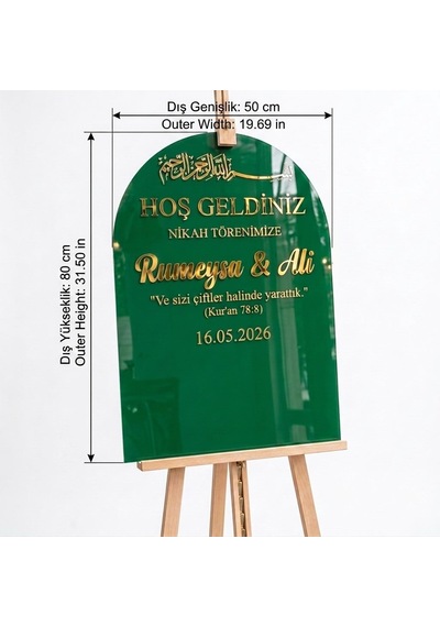 Zümrüt Yeşil Akrilik Düğün Karşılama Panosu 50x80 Cm Gold Yazılı Nikah Tabelası Büyük Boy