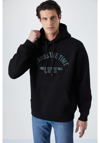 Grimelange Wulf Erkek Organik Kumaşlı İçi Polarlı Yumuşacık Kanguru Cepli Kapüşonlu Siyah Sweatshirt Siyah