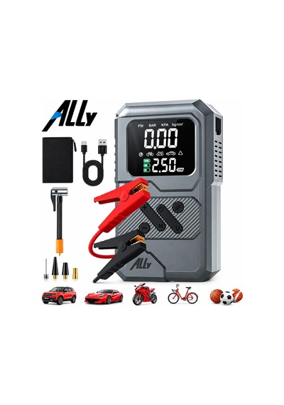 4 İn1 Jump Starter Lastik Sisirme Pompası Ve Powerbank Özellikli Starter Akü Takviye Seti, Sıyah