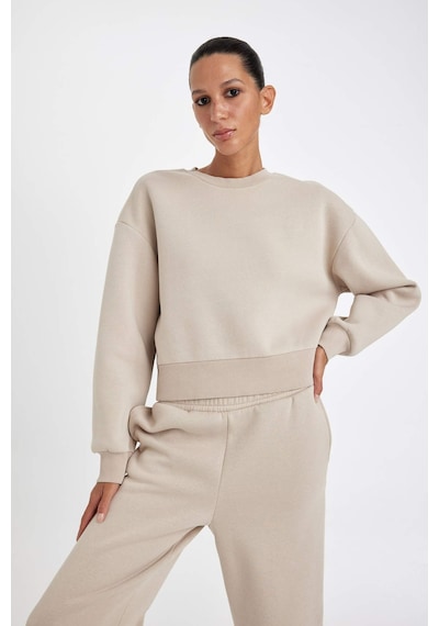 Defacto Boxy Fit Bisiklet Yaka Kalın Basic Düz Sweatshirt B8568AX24WNBG187 Bej