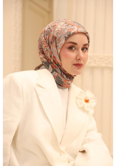 Silk Home Olinda İpek Eşarp 47002-08 Gri, Parlak Turuncu, Füme, Ekru