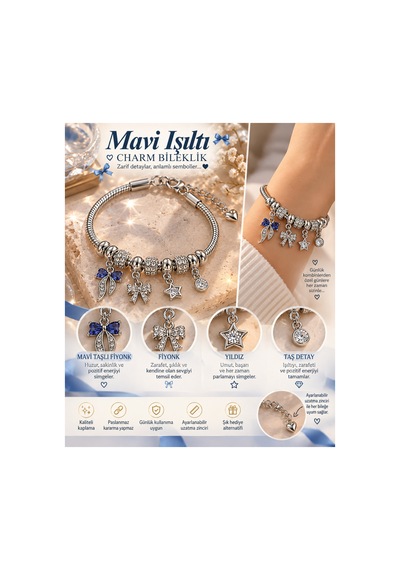 Mavi Işıltı Charm Bileklik Mavi Taşlı Fiyonk & Yıldız Detaylı Gümüş
