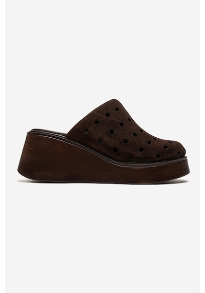 Luvishoes Nıves Kahverengi Süet Hakiki Deri Delikli Kadın Dolgu Topuklu Terlik Kahverengi