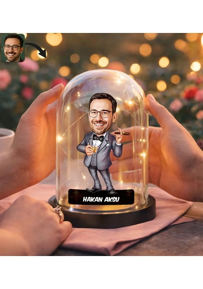 Bk Gift Kişiye Özel Erkek Patron Karikatürlü Led Işıklı Cam Fanus Biblo -1, Mesleki Hediye, Doğum Günü Hediyesi