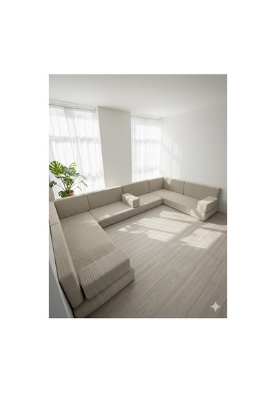 Premium Kadife Kumaş, Konforlu Yer Kanepesi ,modüler Şark Köşesi Takımı - Krem- U Set