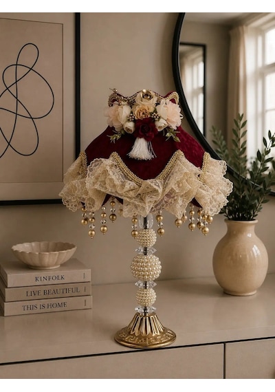 Kadife Kaplı El Yapımı Bordo Başlık İncili Gold Ayak Klasik Vintage Abajur 50x25cm