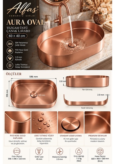 Alfas Aura Oval 60 Cm Pvd Rose Gold Tezgah Üstü Çanak Lavabo 304 Paslanmaz Çelik 2.0mm