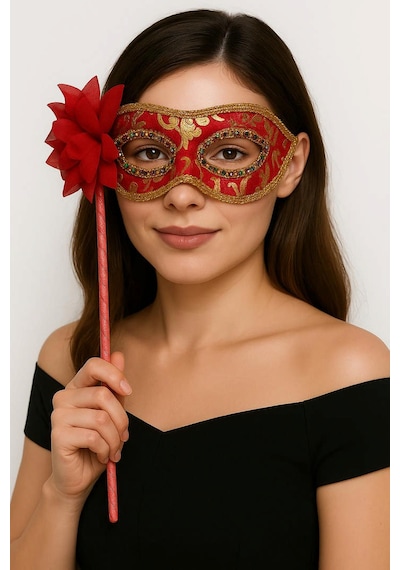 Lüks Taşlı Saplı Maskeli Balo Maskesi Kırmızı Renk 35 Cm N712 Tüm Yaşlar
