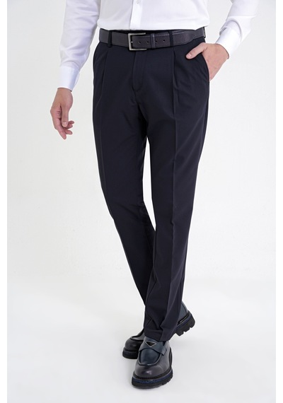 Comfort Fit Yan Cep Esnek Pamuklu Gabardin Tek Pileli Lacivert Pantolon P 1211