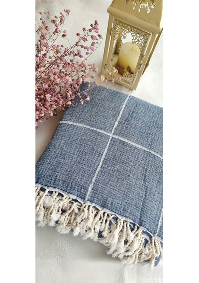 Çizgili Çift Kişilik Organik Müslin Pike 185x220cm Oeko-tex Standard 100 Sertifikalı İndigo200 Diğer