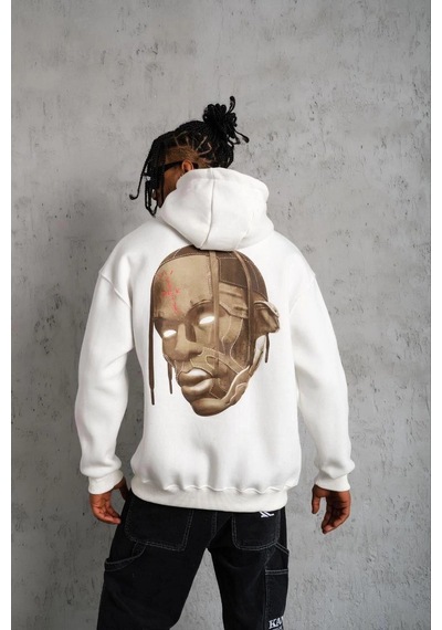 Barlashive Erkek Kordonlu Arka Maske Kordon Saçlı Kapüşonlu Sweatshirt Hoodie - Beyaz Çok Renkli
