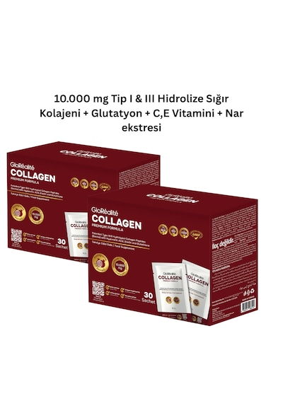 Tip 1 & 3 Hidrolize Kolajen Peptitleri 10.000 Mg, Hiyalüronik Asit, Glutatyon, Elastin, C Vitamini 30 Saşe 2 Kutulu Avantaj Paketi