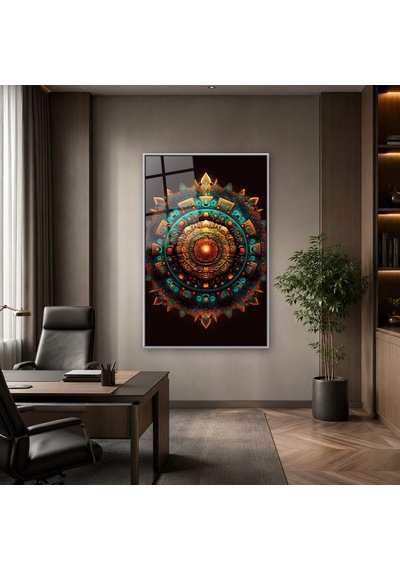 Işıltılı Turkuaz Kabartma Mandala Gümüş Çerçeveli Cam Tablo