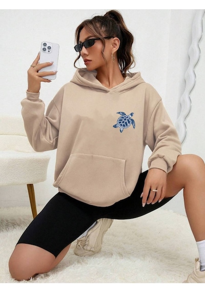 Uyguntarz Unisex The Ocean İs Calling Baskılı Tasarım Oversize Sweatshirt Bej