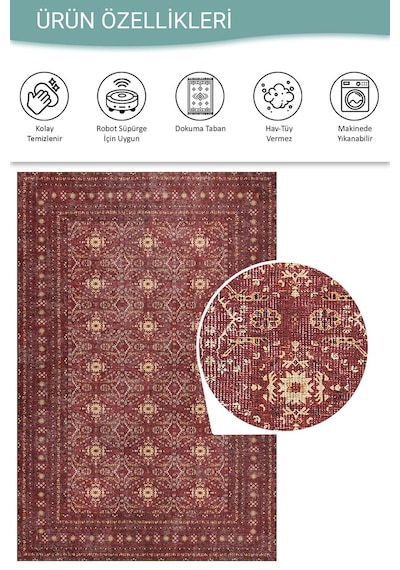 Relic Bordo Vintage Dokulu Geleneksel Desenli Dokuma Tabanlı Şönil Halı Al 477 Bordo