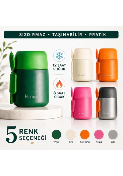 500 Ml Yemek Termosu, 304 Çelik, Sporklu Ve Geniş Ağızlı Yeşil Çok Renkli
