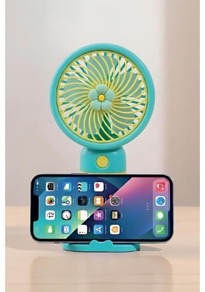 Özel Seri Pratik Stantlı Modern Şarjlı El Vantilatörü Telefon Standlı F62 Yeşil