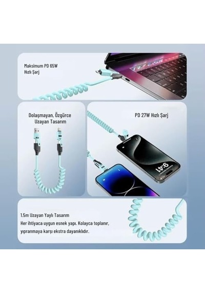 0860 Usb Type-c Lightning 4&apos Ü 1 Arada 65w Pd Hızlı Şarj Data Kablosu 1.5m Spiral Çevirici Akıllı Hibrit Bağlantı 4-in-1