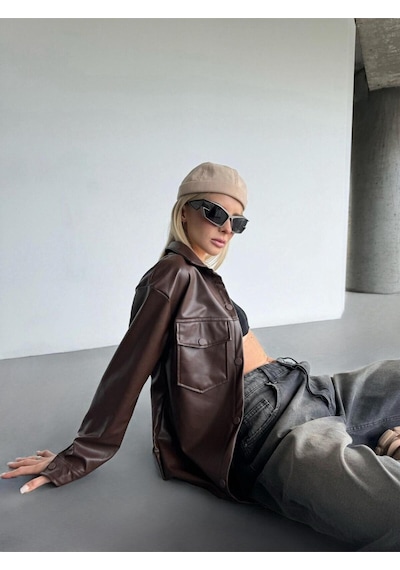Kadın Koyu Kahve Oversize Düz Kesim Deri Ceket Koyu Kahve