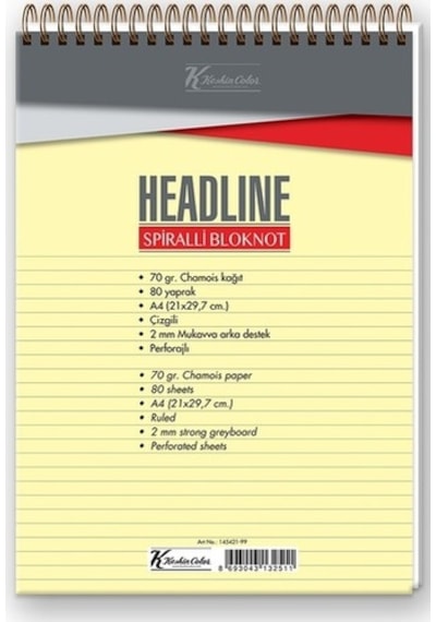 K.Color Headline A4 Üstten Spiralli 80Yp Çizgili Defter Bloknot