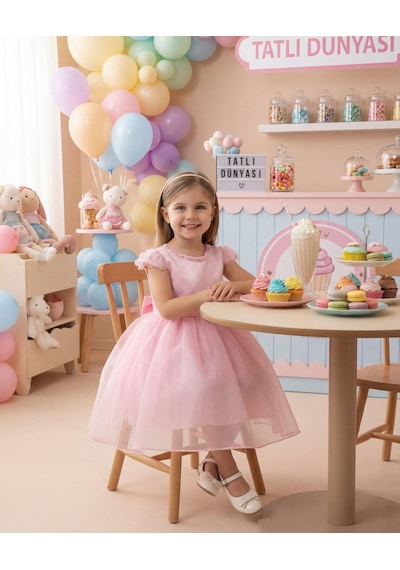 Ayışığı Kız Çocuk Taş Yaka Detaylı Şifon Abiye Elbise Pembe 2-6 Yaş Pembe