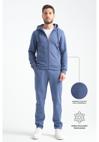Shooter Sportswear Shooter Erkek Kışlık Eşofman Takımı Thermosoft Teknolojisi İçi Kuzu Görünümlü Regular Kalıp Minimal Logo Kapüşonlu İndigo
