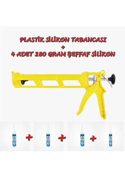 4 Adet 280 Gram Şeffaf Silikon + Plastik Silikon Tabancası