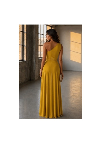 Lior Design Kadın Sade Tek Omuz Kemerli Maxi Abiye Elbise Sarı