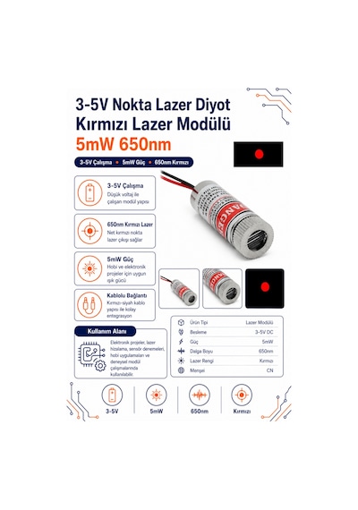 3-5v Nokta Lazer Diyot 5mw 650nm Kırmızı Lazer Modülü