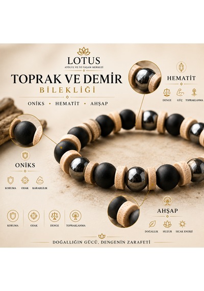Toprak Ve Demir Premium Bilekliği Oniks, Hematit & Ahşap