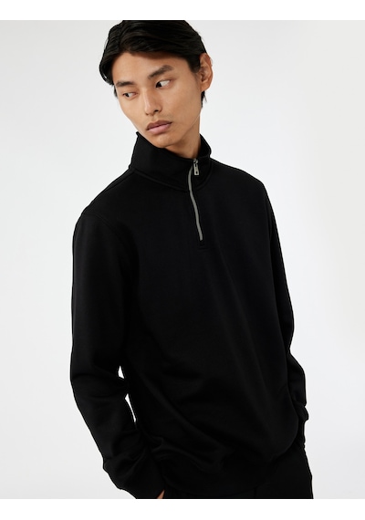 Koton Uzun Kollu Şardonlu Basic Yarım Fermuarlı Sweatshirt Siyah 6wam70016mk Siyah