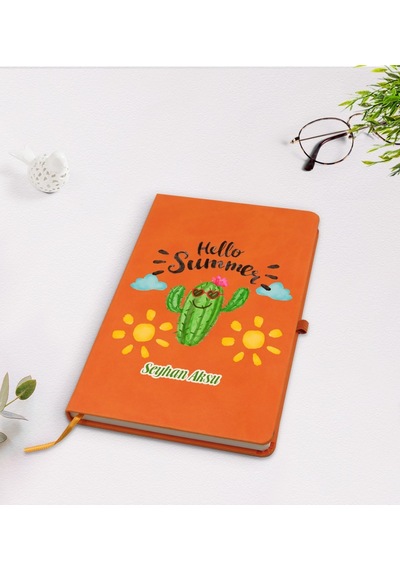 Kişiye Özel Kaktüs Tasarımlı Turuncu Termo Deri Defter Model 8